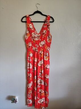 Blue Island Red Floral Wide Leg Romper with V-Neck